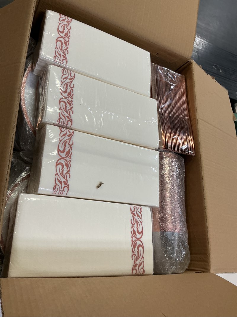 Condition photo showing New/Like New for BESTVIP 700PCS Rose Gold Disposable Dinnerware Set for 100 Guests, Plastic Plates for Party, Wedding, Christmas, Include: 200 Plastic Plates, 100 Gold Silverware, 100 Cups, 100 Napkins 100 Guests Rose Gold
