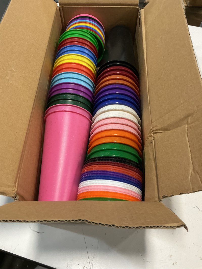 Condition photo showing Good Condition for Kochorie 36 Pack Tumbler with Straw and Lid Bulk Glitter Colorful Reusable Plastic Cups Water Bottle 24 Ounces Cups Iced Coffee Travel Mug Cup for Parties Birthdays Outdoor Use, 18 Colors Multicolor 36