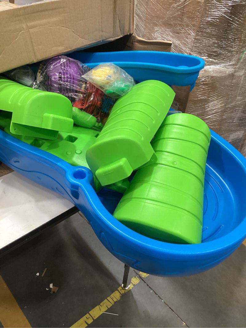 Condition photo showing As Is for step2 rain showers splash pond water table, kids water and sand activity sensory playset, summer outdoor toys, 13 piece water toy accessories, for toddlers 1.5+ years old, blue & green
