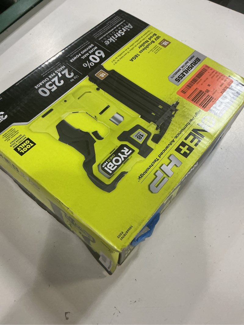Condition photo showing New/Like New for ryobi one+ hp 18v 18-gauge brushless cordless airstrike brad nailer (tool only)