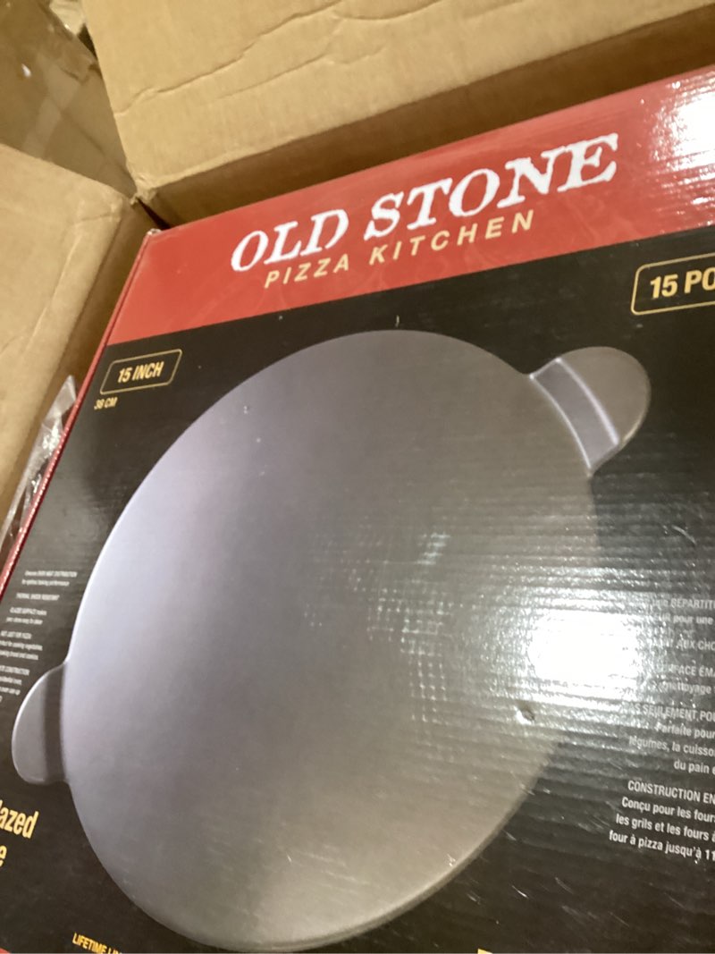 Condition photo showing Good Condition for Old Stone Pizza Making Kit, Includes 15-inch Round Glazed Pizza Stone, Bamboo Pizza Peel, and Pizza Cutter