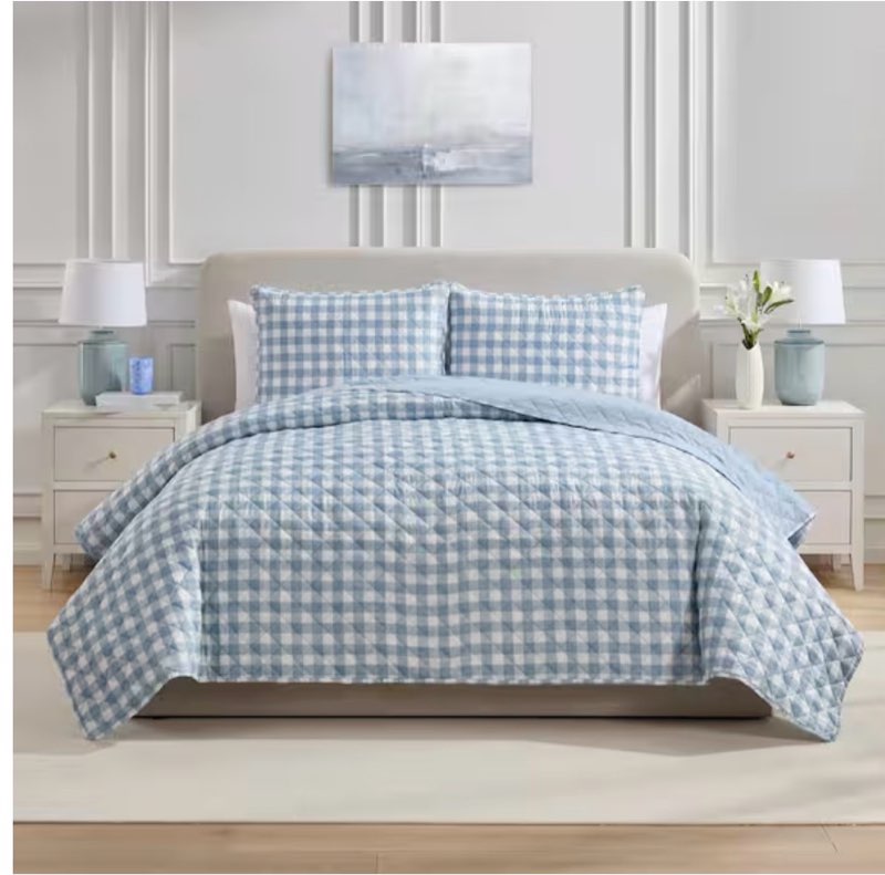 Blue Gingham 3-Piece Full/Queen Microfiber Quilt Set