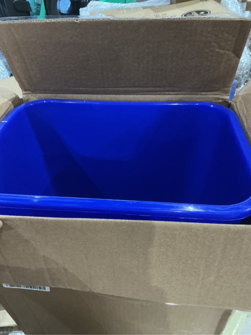 Condition photo showing New/Like New for amazon basics rectangular commercial office recycling wastebasket with recycle logo, easy to clean, 7 gallon, blue, pack of 2