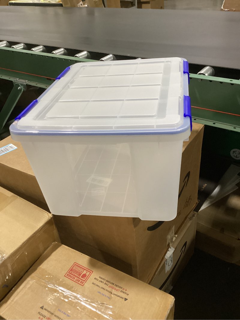 Condition photo showing Good Condition for iris usa weatherpro 44 qt storage bins with lids, 2 pack, bpa-free plastic gasket box with tight latch and seal, stackable nestable tote tub - clear/blue 44 qt. - 2 pack