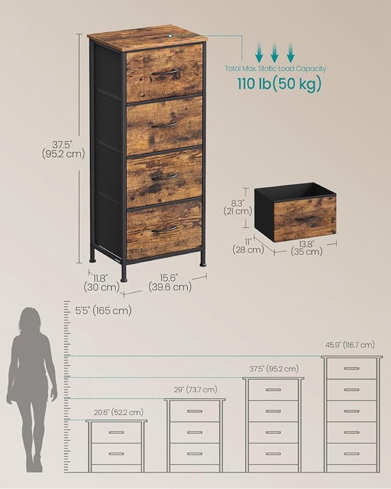 songmics dresser for bedroom, chest of drawers, steel, mdf, 4 non-woven fabric drawers, storage organizer unit, closet, entryway, rustic brown and ink black ulgs314b02s