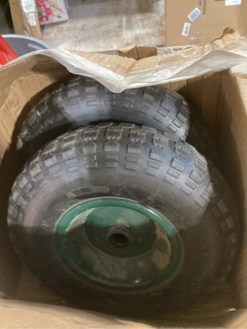 Condition photo showing As Is for taifa 1 pc 13 inch 4.00-6 with 5/8'' & 3/4'' bearings rubber solid flat free replacement tires and wheels, air less wheel for wheelbarrow/wagon/hand truck/trolley/garden scooter etc. 13x400-6pu-bigf-green-1pc