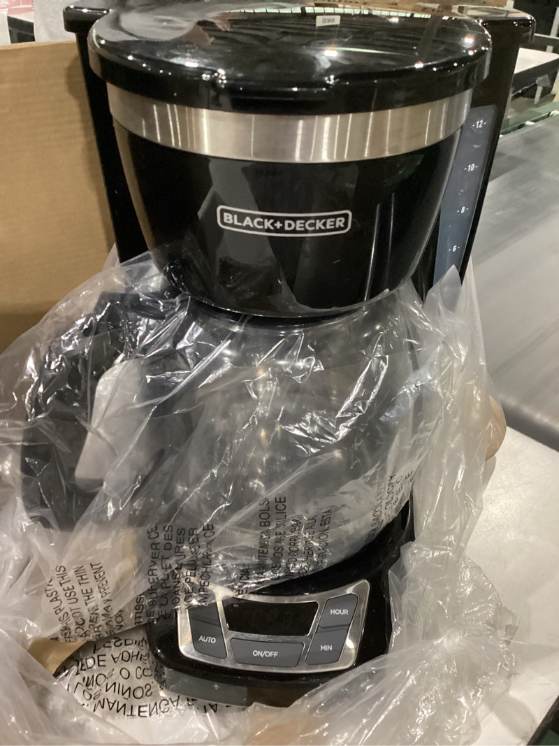 Condition photo showing As Is for Not tested ***BLACK+DECKER 12-Cup Digital Coffee Maker, Programmable, Washable Basket Filter, Sneak-A-Cup, Auto Brew, Water Window, Keep Hot Plate, Black Black coffeemaker