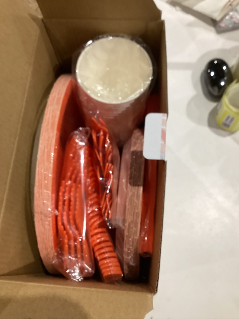 Condition photo showing New/Like New for Orange Paper Plates Party Supplies,168pcs Orange Plates and Napkins Party Supplies for Halloween Thanksgiving Fall Orangee Birthday Decorations for Women Serve 24 Orange 168pcs
