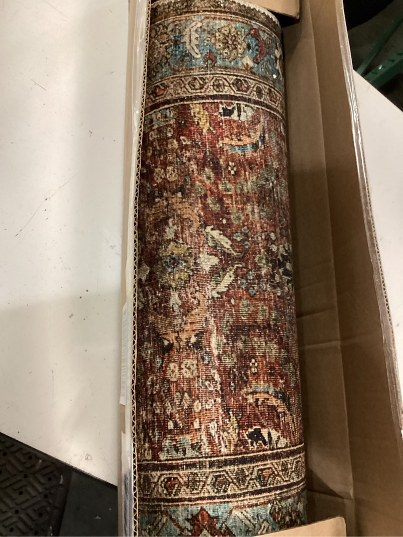 Condition photo showing Good Condition for loloi layla collection lay-01 brick/blue 2'-0" x 5'-0" .13" thick accent rug, soft, durable, vintage inspired, distressed, low pile, non-shedding, easy clean, printed, living room rug 2' x 5' (rectangular) brick / blue
