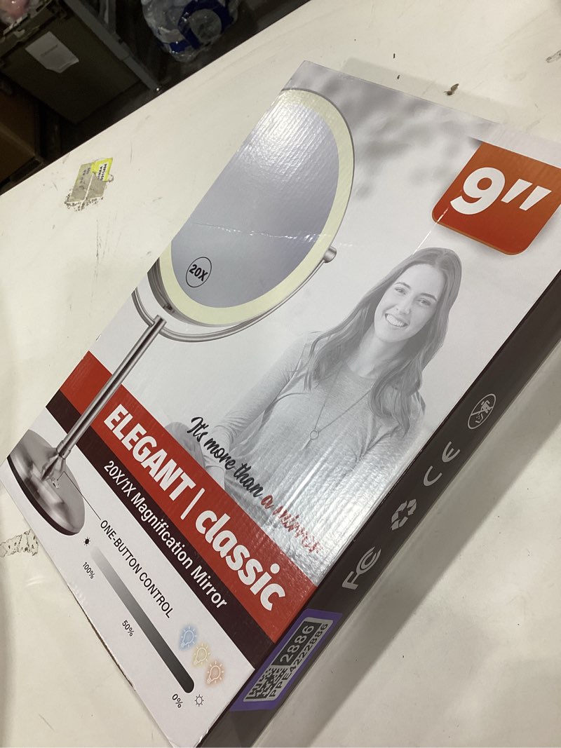 Condition photo showing Good Condition for 9" Lighted Makeup Mirror, 1X/20X Rechargeable Magnifying Mirror with 3 Color Dimmable Lights for Bedroom Tabletop, Base Charging and Switch, Women Gift Brushed Nickel 20X