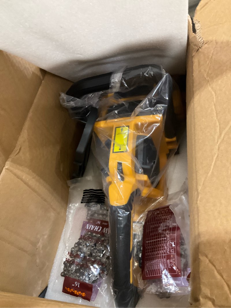 Condition photo showing As Is for 40v(20v*2) 16"+18" 2-in-1 brushless chainsaw cordless, electric powered chainsaw compatible with dewalt battery with auto oiler & safety lock brake, for tree trimming branch wood cutting(only tool) 16" & 18" compatible with dewalt 20v yellow