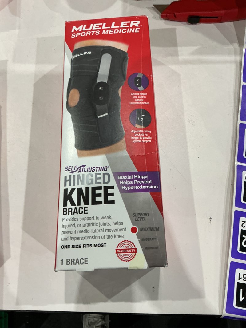 Condition photo showing As Is for mueller adjustable hinged knee brace, black, one size fits most