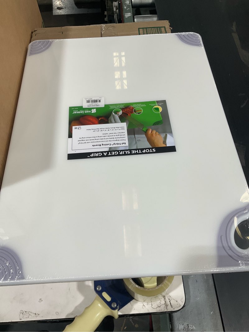 Condition photo showing New/Like New for san jamar saf-t-grip plastic cutting board with safety hook, 18" x 24" x 0.5", white