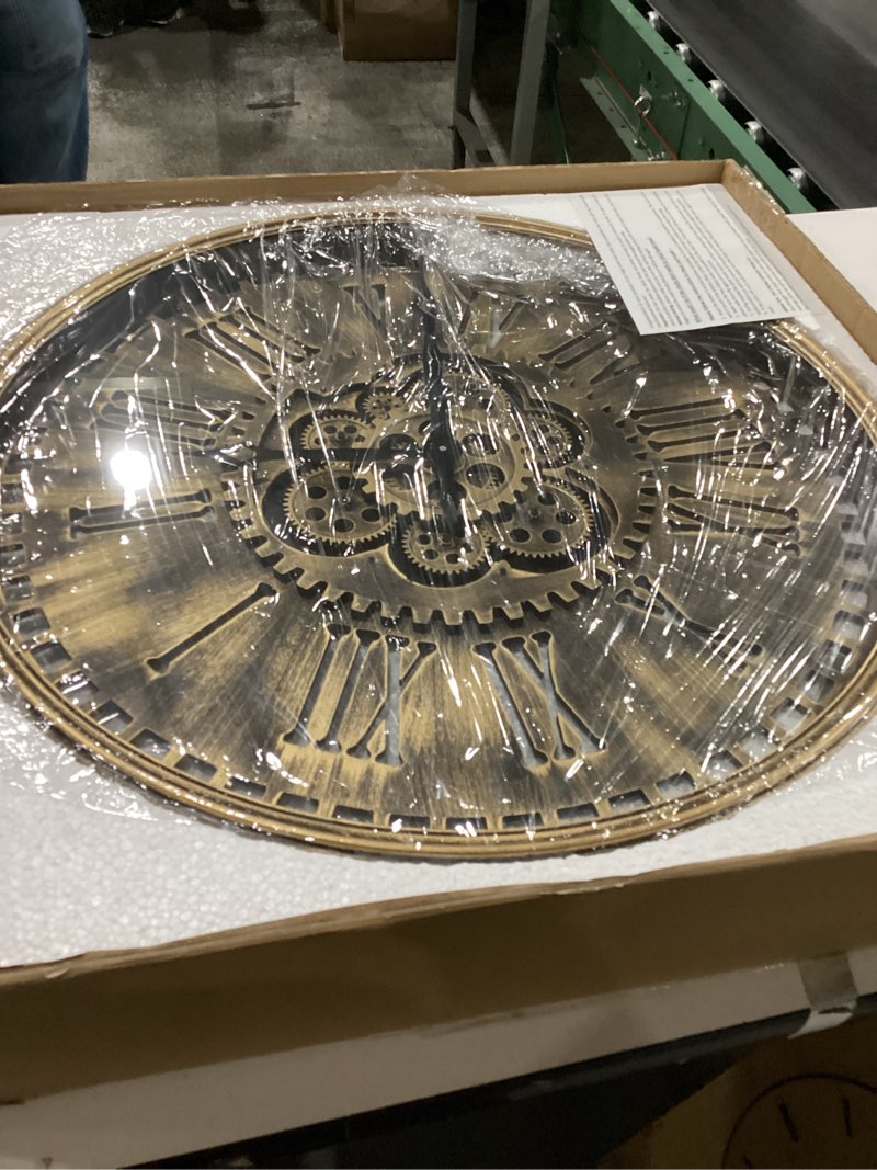 Condition photo showing New/Like New for 24'' Extra Large Farmhouse Wall Clock, Vintage Wall Clock with Real Moving Gears/Metal Frame for Living Room, Dining Room, Bedroom, Office Decor. (Antique Brass Gold)