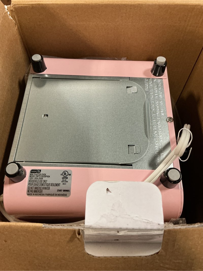 Condition photo showing As Is for Dash Mini Toaster Oven - Sleek & Stylish - For Creative Homemade Treats - Compact, Space-Saving Design - adjustable temperature dial - Removable Baking Tray - Pink Pink Cooker