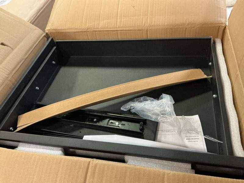 Condition photo showing As Is for under desk drawer for desk 23.5 in, pull out storage organizer with slide extension mounted under flat wooden table or workbench, carbon steel hidden desk drawer 23in single