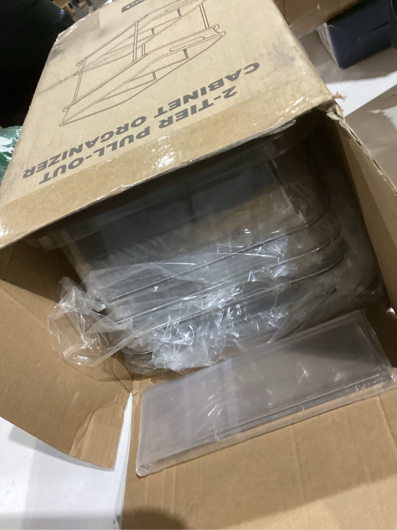 Condition photo showing Good Condition for Delamu 2-Tier Under Sink Organizers and Storage, Multi-Purpose Stackable Bathroom Cabinet organizers, Pull Out Kitchen Pantry Organization and Storage with Dividers(2 Pack, Clear) Clear 2 Pack