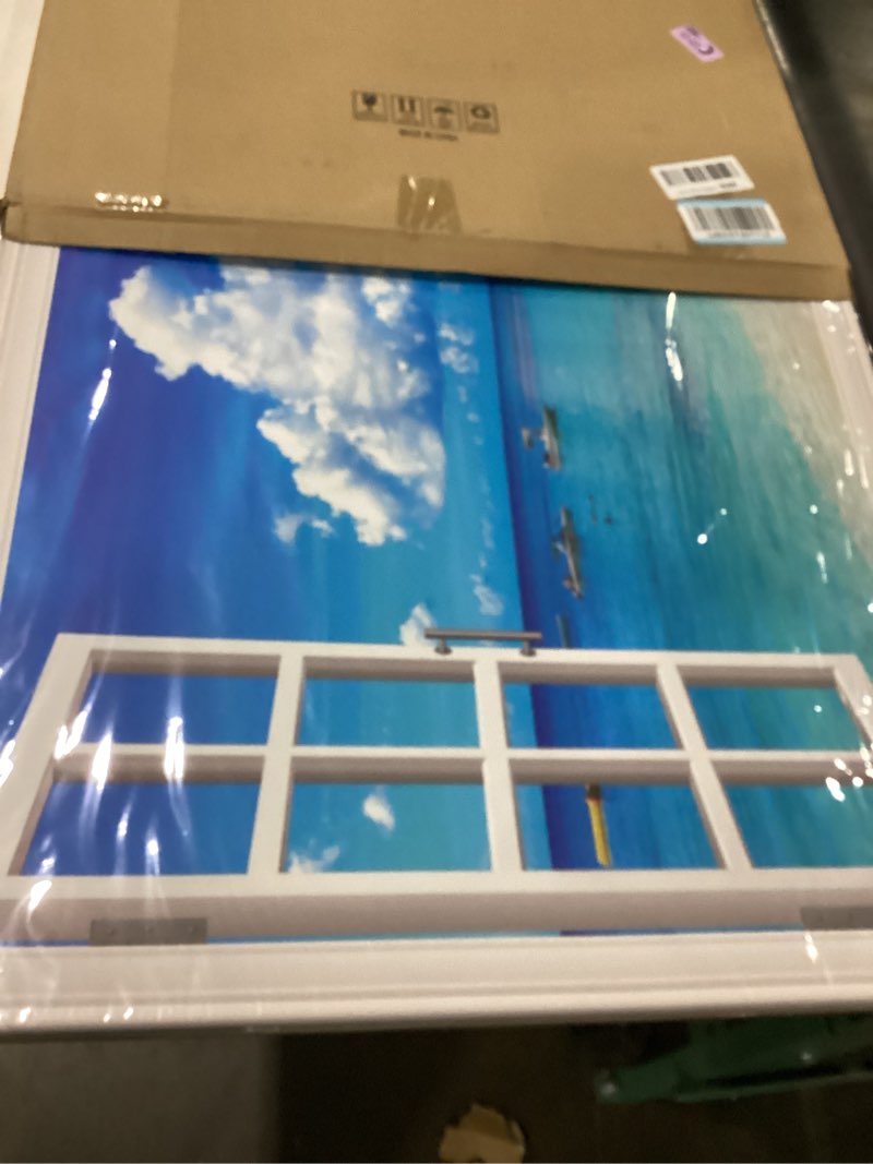 Condition photo showing New/Like New for Woxfcart Ocean Pictures Decor Wall Art Fake Open Window Beach Natural Scene Blue Sky and White Clouds Canvas Prints for Living Room Ready to Hang 36x24 36"L x 24"W View-02