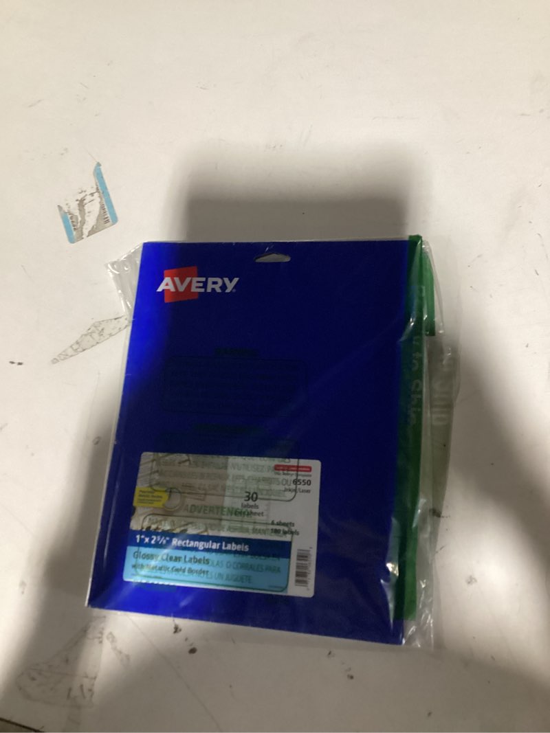 Condition photo showing New/Like New for Avery Glossy Clear Labels, Metallic Gold Borders, 1" x 2-5/8" Rectangle Labels, 180 Total, Laser/Inkjet Printable (6550) Glossy Clear Gold Borders 1" x 2-5/8" 180 labels