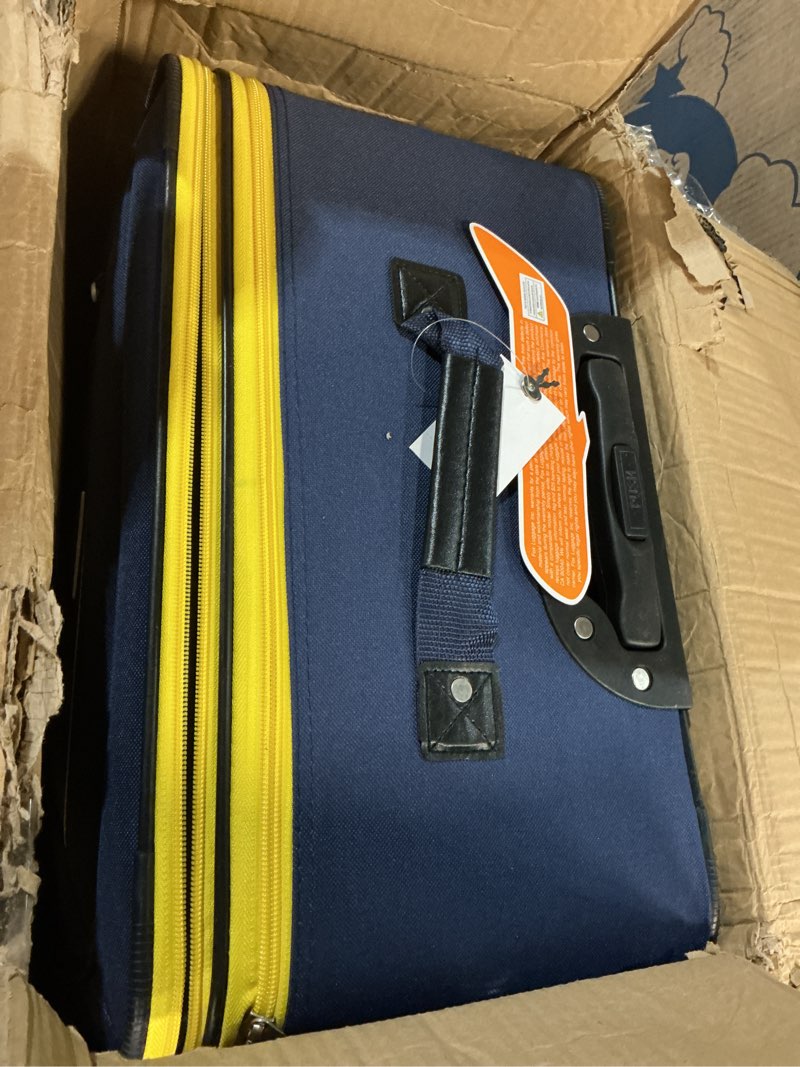 Condition photo showing As Is for Rockland Journey Softside Upright Luggage Set, Expandable, Navy, 4-Piece (14/19/24/28) 4-Piece Set (14/19/24/28) Navy