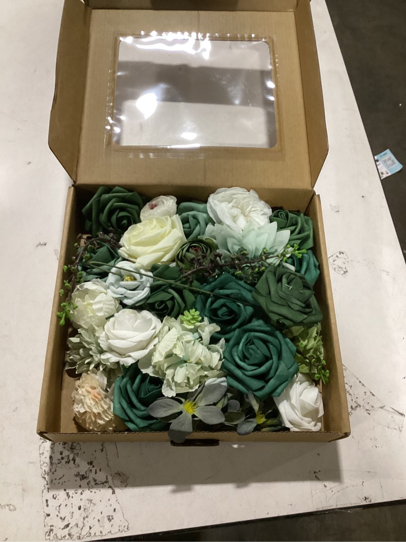 Condition photo showing Good Condition for Floweroyal Artificial Flowers Combo Green Flowers Mix Silk Flowers Dahlia Roses with Stems for DIY Wedding Bridal Bouquets, Baby Shower, Floral Arrangement, Table Centerpieces, Home Decorations. Forest Green