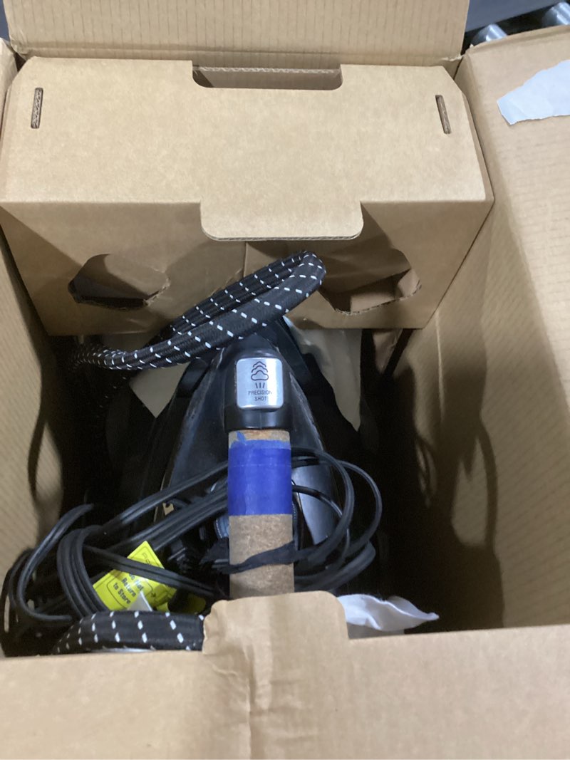 Condition photo showing As Is for rowenta, iron, ultimate steam pro stainless steel soleplate professional steam station for clothes, 1800 watts, 1.3l removable tank, boiler technology, fast heat up, black clothes iron, dg8668 xl steaming sessions - professional results