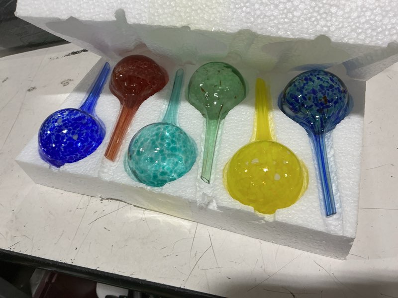 Condition photo showing Good Condition for plant watering globes set of 6 – small glass self watering bulbs for indoor & outdoor plants – multicolor passive watering devices for short-term soil moisture support set of 6 small