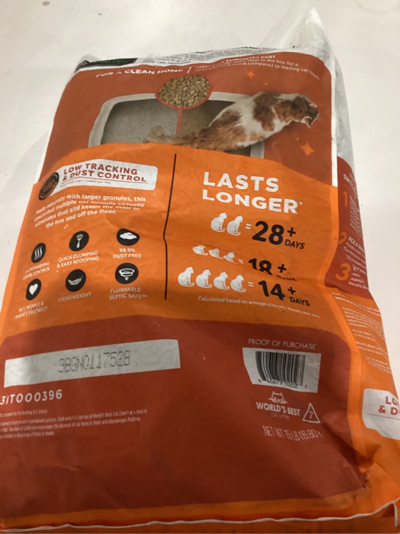 Condition photo showing New/Like New for WORLD'S BEST CAT LITTER Low Tracking & Dust Control Multiple Cat Unscented 15-Pounds - Natural Ingredients, Quick Clumping, Flushable & Made in USA - Long-Lasting Odor Control & Easy Scooping 15lb