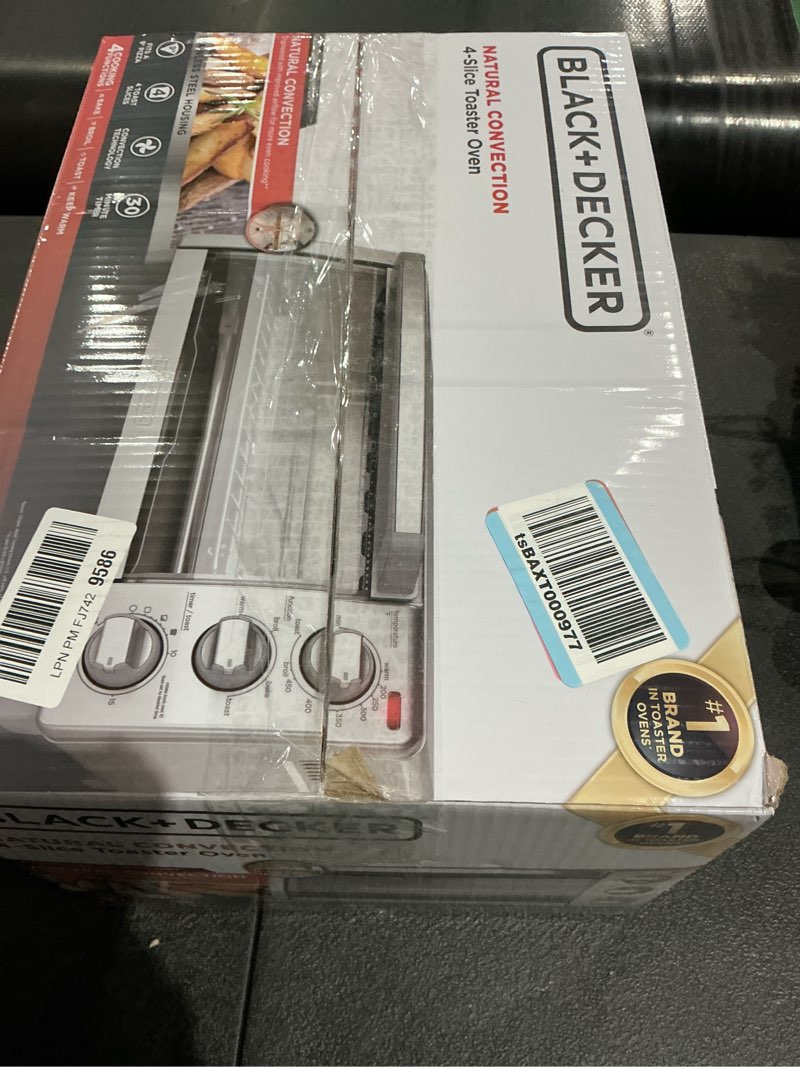 Condition photo showing New/Like New for black+decker 4-slice toaster oven, to1745ssg-1a, even toast, 4 cooking functions bake, broil, toast and keep warm, removable crumb tray, timer