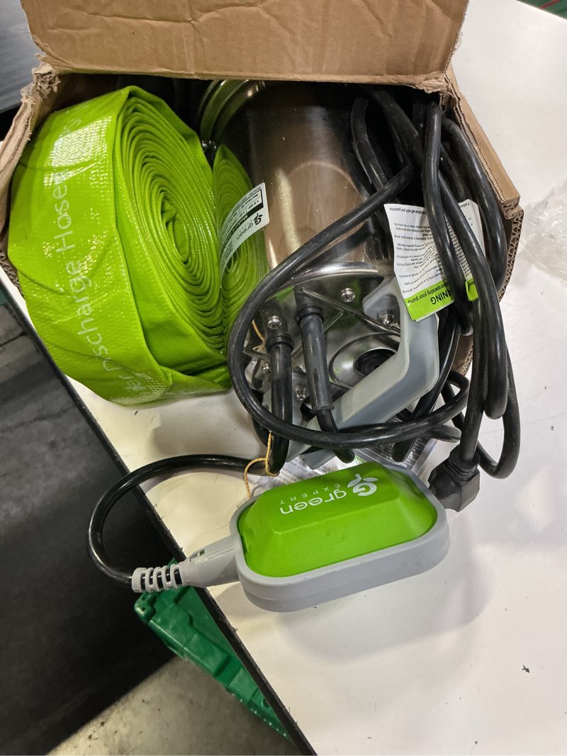 Condition photo showing As Is for green expert 1.5hp submersible sump pump kit with 25 ft lay-flat discharge hose, 6000 gph 304 stainless steel water removal pump with tethered float switch for basement, sump pit & pool drainage pump with hose