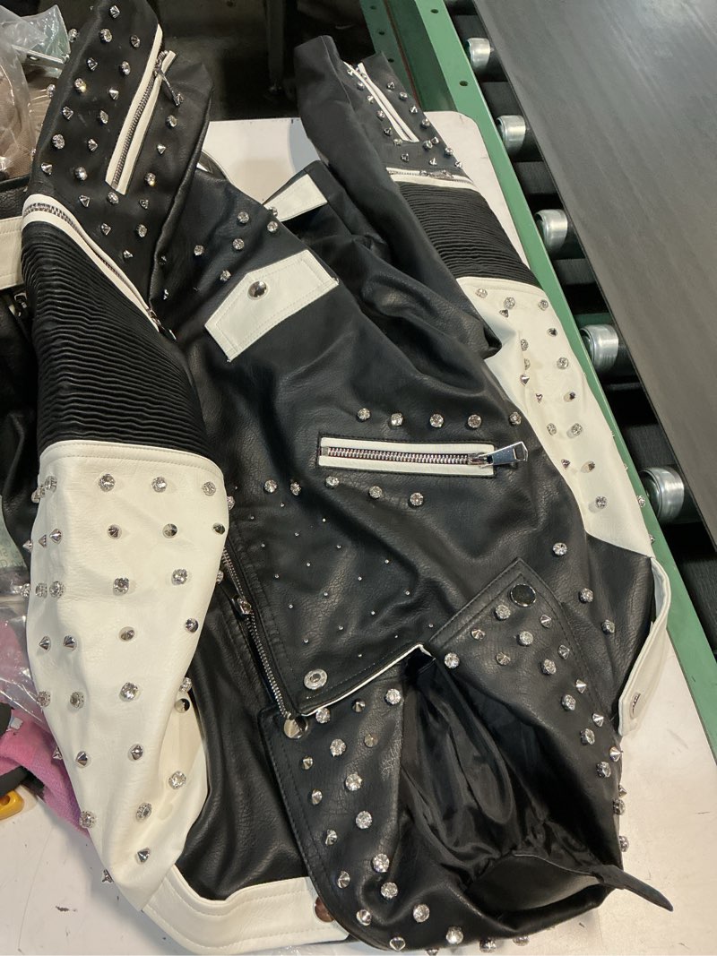Condition photo showing As Is for ly varey lin studded faux leather moto jacket women black pu biker coat with rivets punk style xy853black medium
