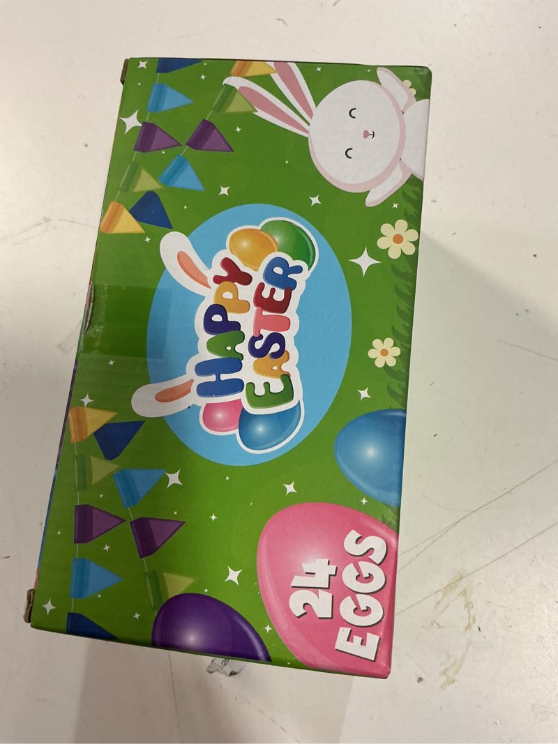 Condition photo showing New/Like New for 24 pcs 3.1" plastic printed easter eggs bulk, bright colorful fillable empty easter eggs bulks for egg hunt, kids easter basket stuffers fillers classroom prizes rewards party favors for boys girls 24 pcs 3.1" printed easter eggs