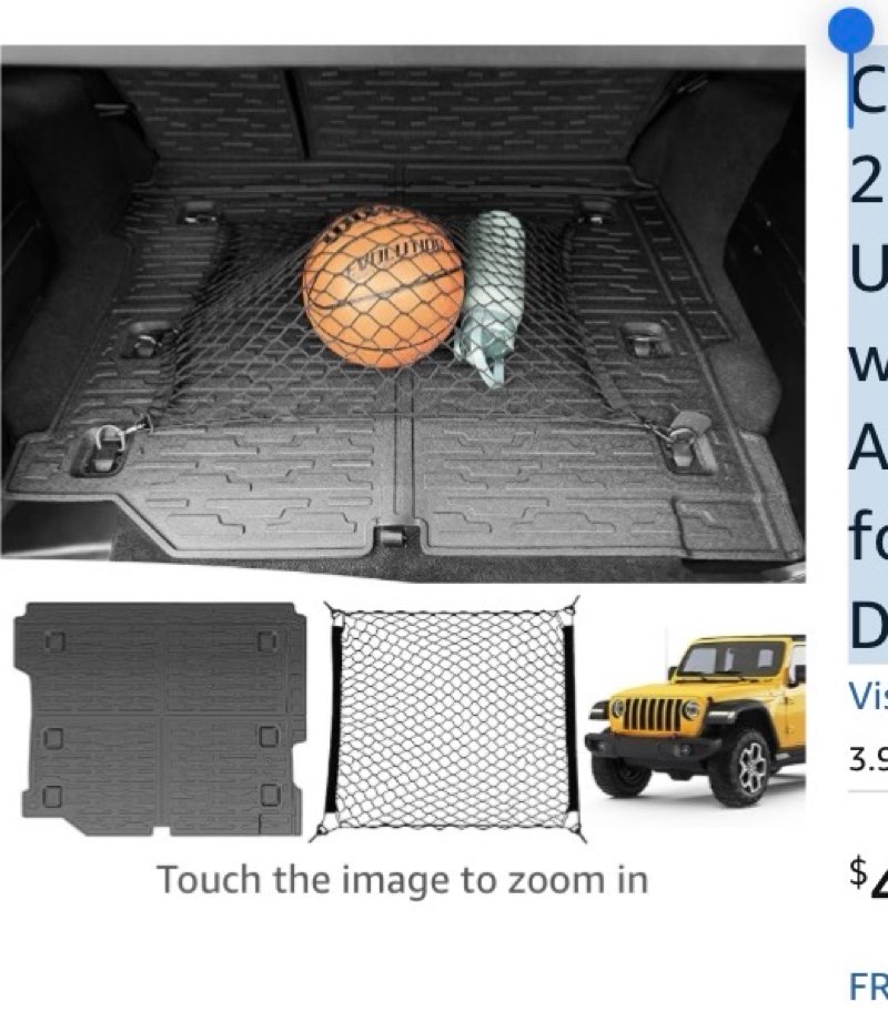 Cargo Mat & Trunk Net for 2018-2024 Jeep Wrangler JL Unlimited 4X4 Trunk Liners with Cargo Net All Weather Anti-Slip Rear Mesh Cargo Net for 18-24 Wrangler JL 4X4 4 Door Accessories