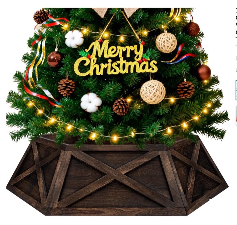 36in Extra Large Wood Christmas Tree Collar,Brown Wooden Hexagon Tree Base Cover for Artificial Tree