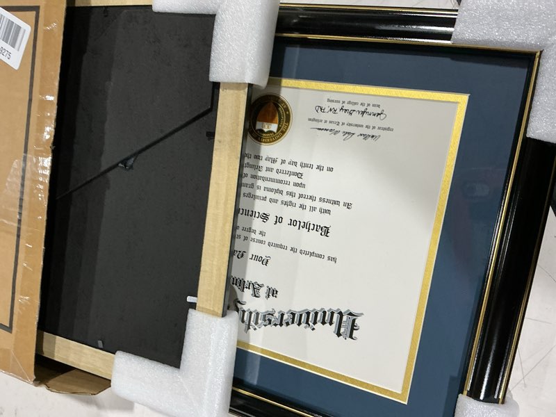 Condition photo showing Good Condition for graduationmall 8.5x11 diploma frame with navy over gold mat or display 11x14 certificate without mat,solid wood & tempered glass,glossy black finish with gold trim,2 pack black with gold trim / blue gold mat 11x14 or 8.5x11 with mat 2-pack