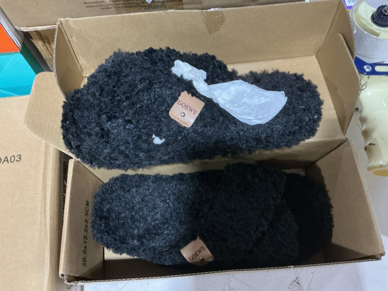 Condition photo showing Good Condition for goewy fuzzy open-toe slippers for women,memory foam soft indoor outdoor cross band women's slipper,anti-slip house shoes slip on gifts for women her mom black 9-10
