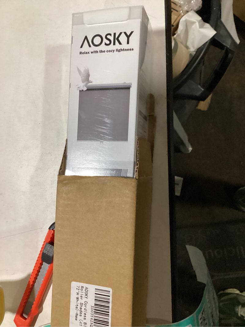 Condition photo showing New/Like New for AOSKY Cordless Roller Shades Blackout Blinds for Windows Room Darkening Rolled Up Shades with Spring System, UV Protection Window Shades Door Blinds for Home and Office (41" W x 72" H, White) 41"W x 72"H White
