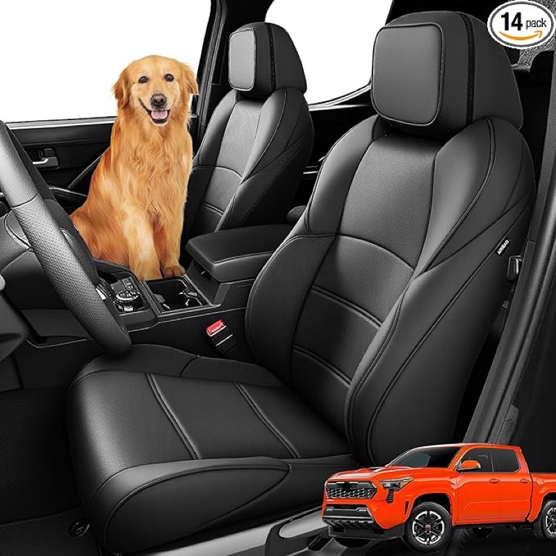 car seat covers for toyota tacoma 2024 2025 2026 double cab (gas only), full set all weather faux leather pickup truck accessories, full coverage custom seat protectors for tacoma sr sr5 trd (black)