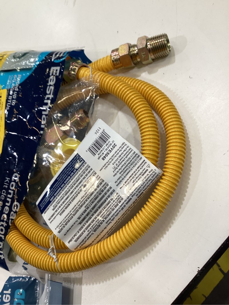 Condition photo showing As Is for eastman 48-in 1/2-in mip inlet x 3/8-in mip outlet stainless steel gas appliance installation kit