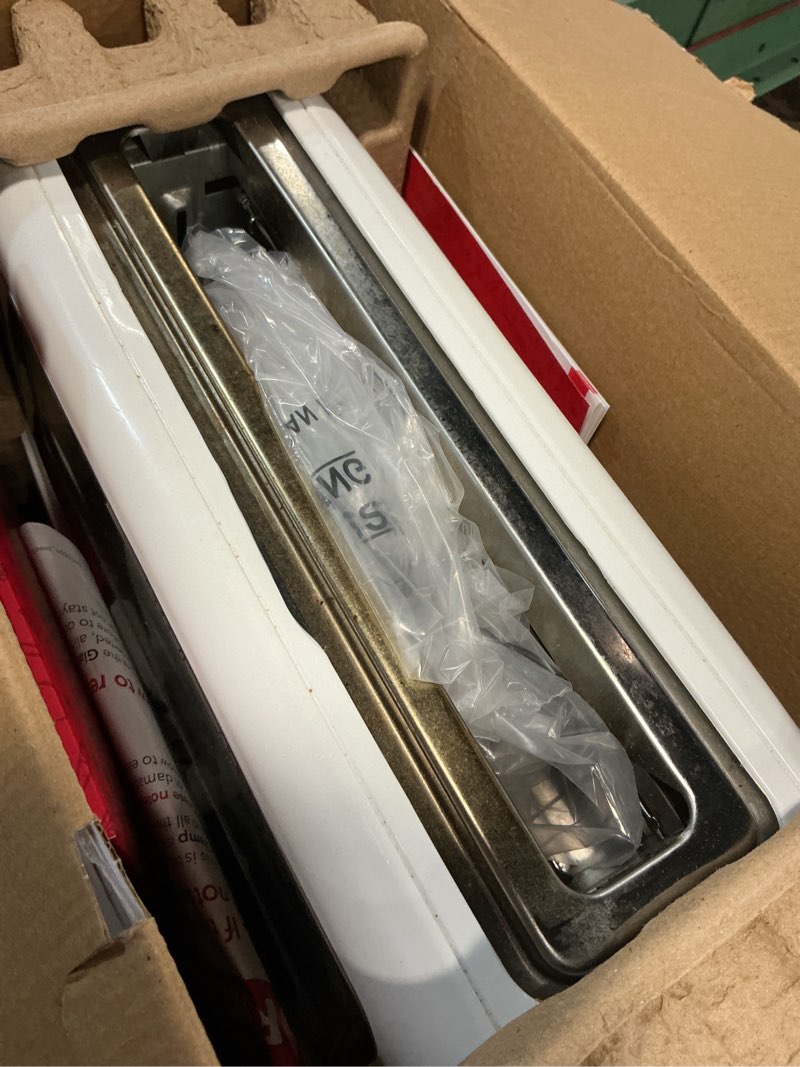 Condition photo showing As Is for dash clear view toaster, 10.5" long slot 2 slice toaster with see-through glass window, 7 browning levels, bagel, defrost & reheat functions, removable glass panel, crumb tray - white