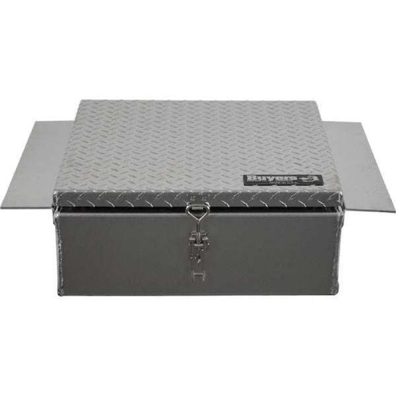 buyers products 1705381 diamond tread aluminum in-frame truck tool box w/notched bottom, 12" h x 24" d x 32" w, truck box for between truck frame rails, adjustable latch, includes mounting kit