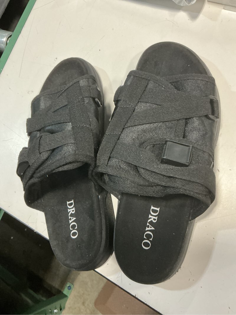 Condition photo showing As Is for (unknown size ) draco dracoslides reflective slides for men and women, wrapped in reflective 3m with adjustable straps for wide/narrow feet, sandals with arch support & slip resistant, men & women footwear, black