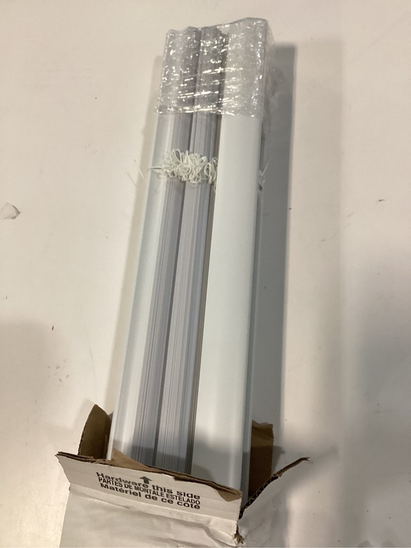 Condition photo showing As Is for project source room darkening 1-in slat width 35-in x 64-in cordless white vinyl room darkening mini-blinds