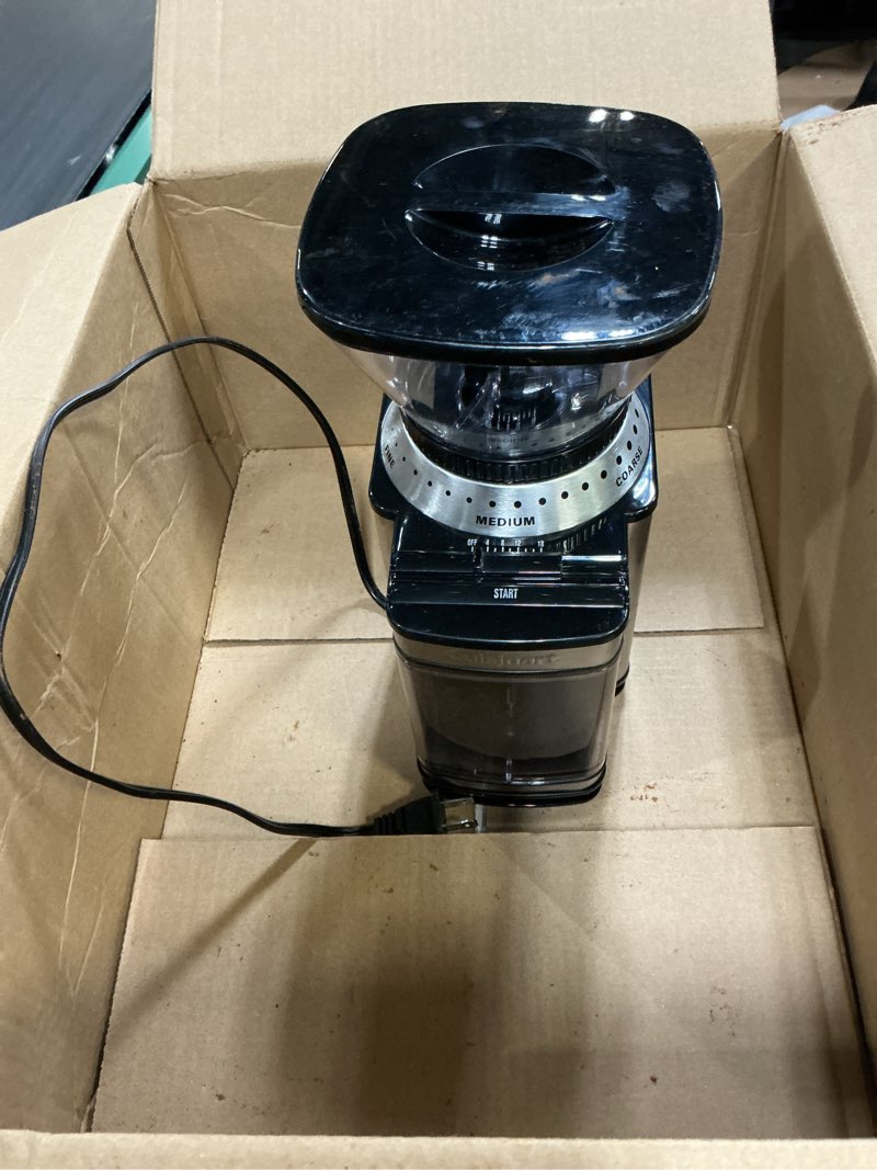 Condition photo showing As Is for cuisinart coffee grinder, electric one-touch automatic burr coffee grinder with 18-position grind selector, cup size selector for 4 – 18 cups, dbm-8p1, black stainless burr mill stainless steel