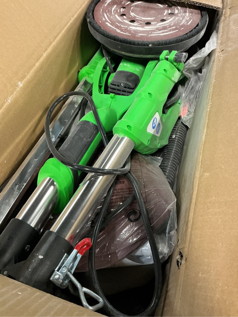 Condition photo showing As Is for drywall sander, popcorn ceiling removal tool with 7 variable speed 800-1800rpm, 2026 upgraded 8-amp drywall sander with vacuum dust collector with 12pcs sanding discs, extendable handle, led light light green