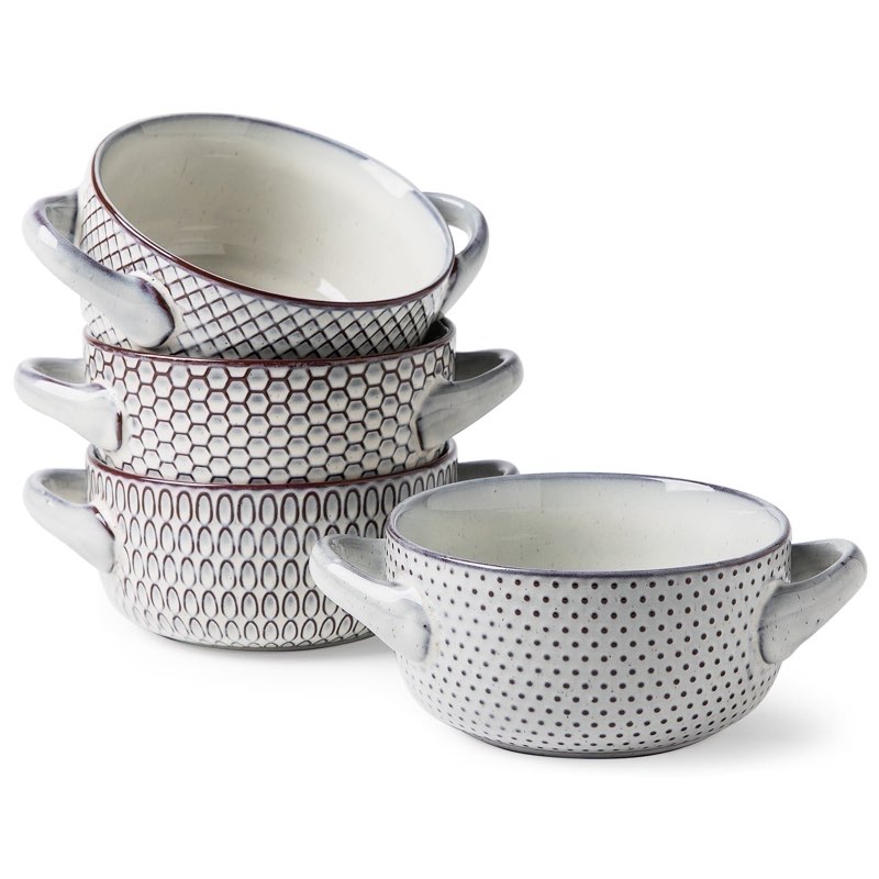 28 oz Ceramic Stoneware Soup Bowl Set of 4 with Handle, French Onion Soup Bowls, Porcelain Salad Bowls, Oatmeal Bowl, Fancy Ceramic Bowl Suitable for Microwave Heating  