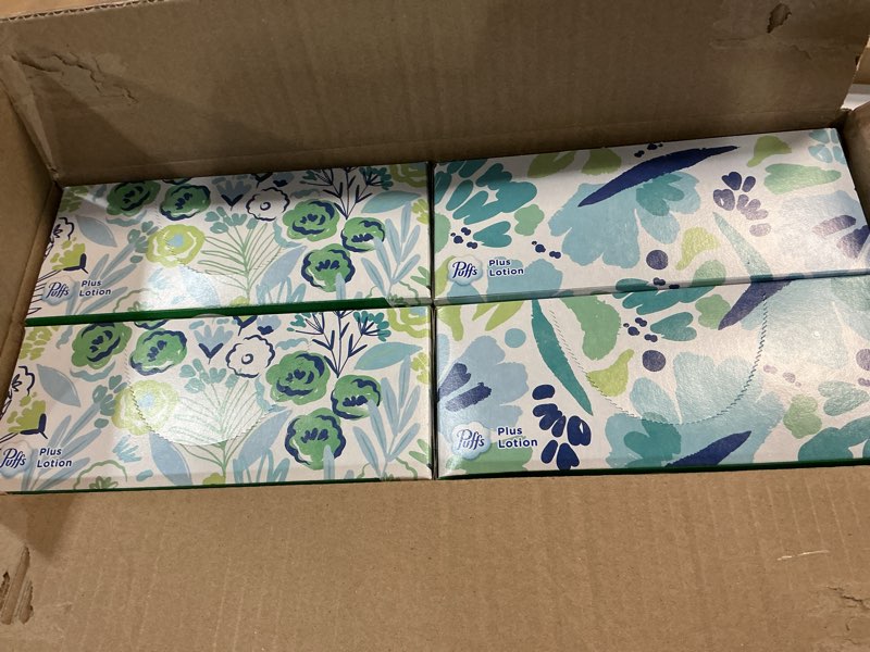 Condition photo showing New/Like New for puffs plus lotion facial tissues, 8 family boxes, 124 facial tissues per box, allergies and colds 124 count (pack of 8)