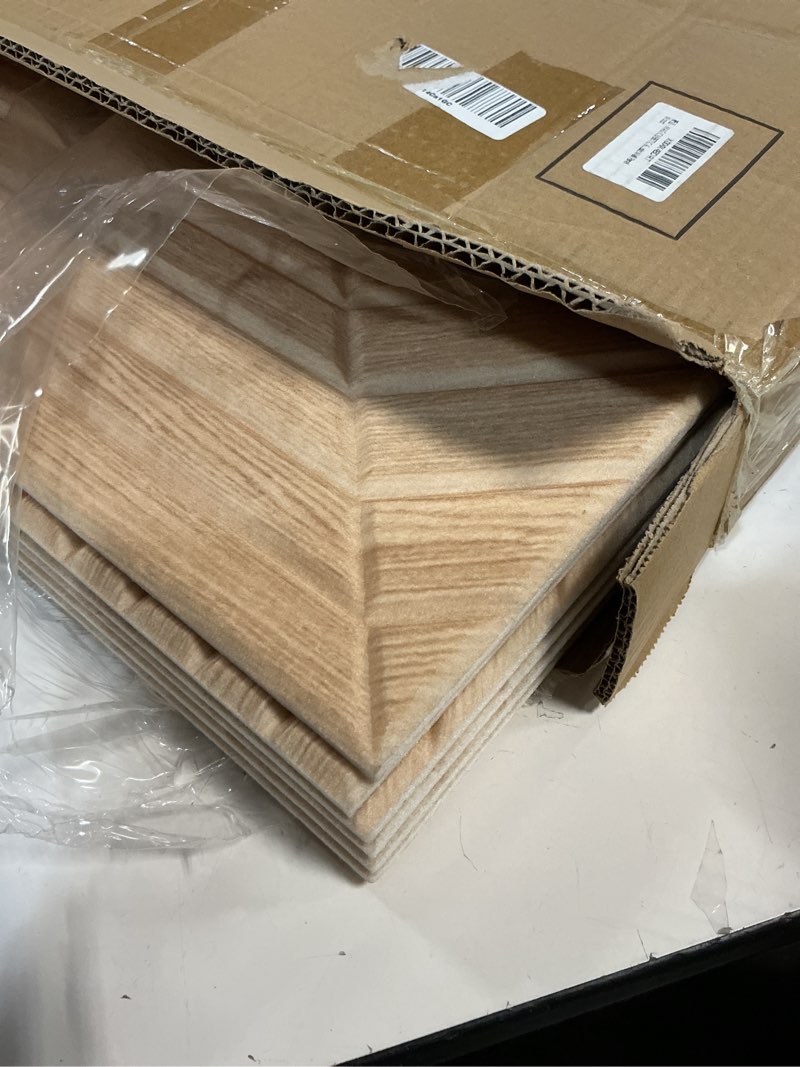Condition photo showing Good Condition for acoustical wall panels,6 pack 23.6×23.6 inch uv wood texture wall art for living room, self-adhesive groove decorative panels for home decor theater office(total 70.8×47.2 inches) 6 pack 0.4 inch oak