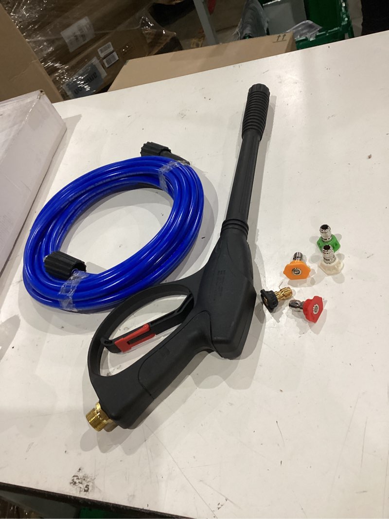 Condition photo showing Good Condition for feng pai pressure washer gun with 15in extension wand & 25ft hose, 5 nozzle tips quick connect, power washer hose and wand replacement, m22 14mm fitting for home car clean washing, 4000 psi, blue