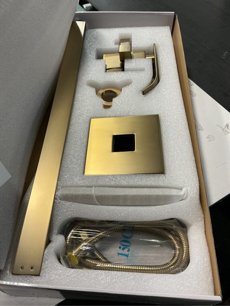 Condition photo showing As Is for Waterfall Freestanding Bathtub Faucet, Floor Mount Bathroom Tub Filler Bath Shower Faucets with Handheld Sprayer, Brushed gold 